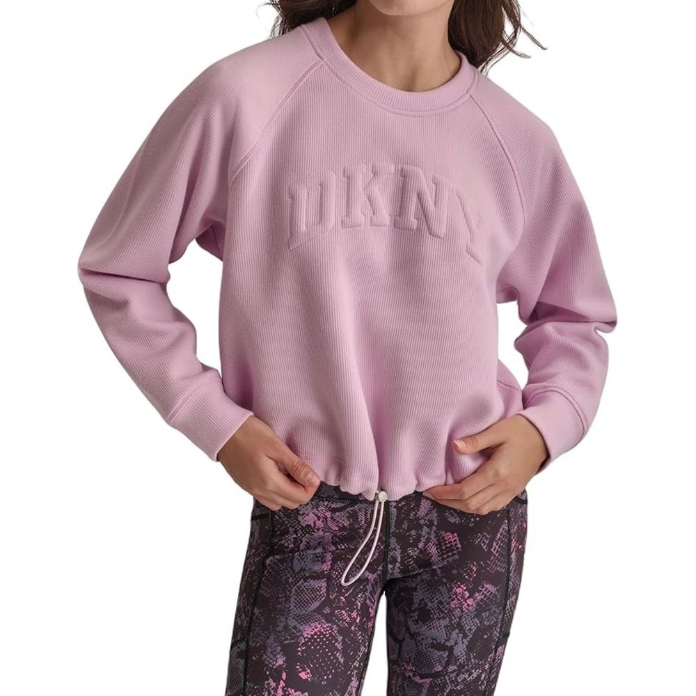 DKNY Sport Pink Ribbed Cropped Crewneck Sweatshirt Drawstring Hem Size S